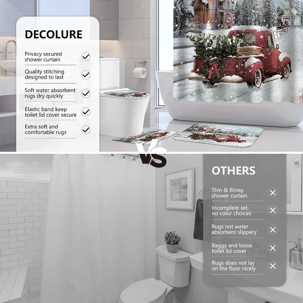 Luxurious 4-Piece Xmas Bath Set – Non-Slip Rugs, U-Shaped Mat & Curtain, 72x72